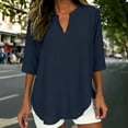 thumbnail image 2 of Women's Linen Look V Neck Short Sleeve Shirt Blouse Top Lightweight Breathable Loose Fit Casual Spring Summer Vacation Fashion | CSEONE,Navy L, 2 of 9