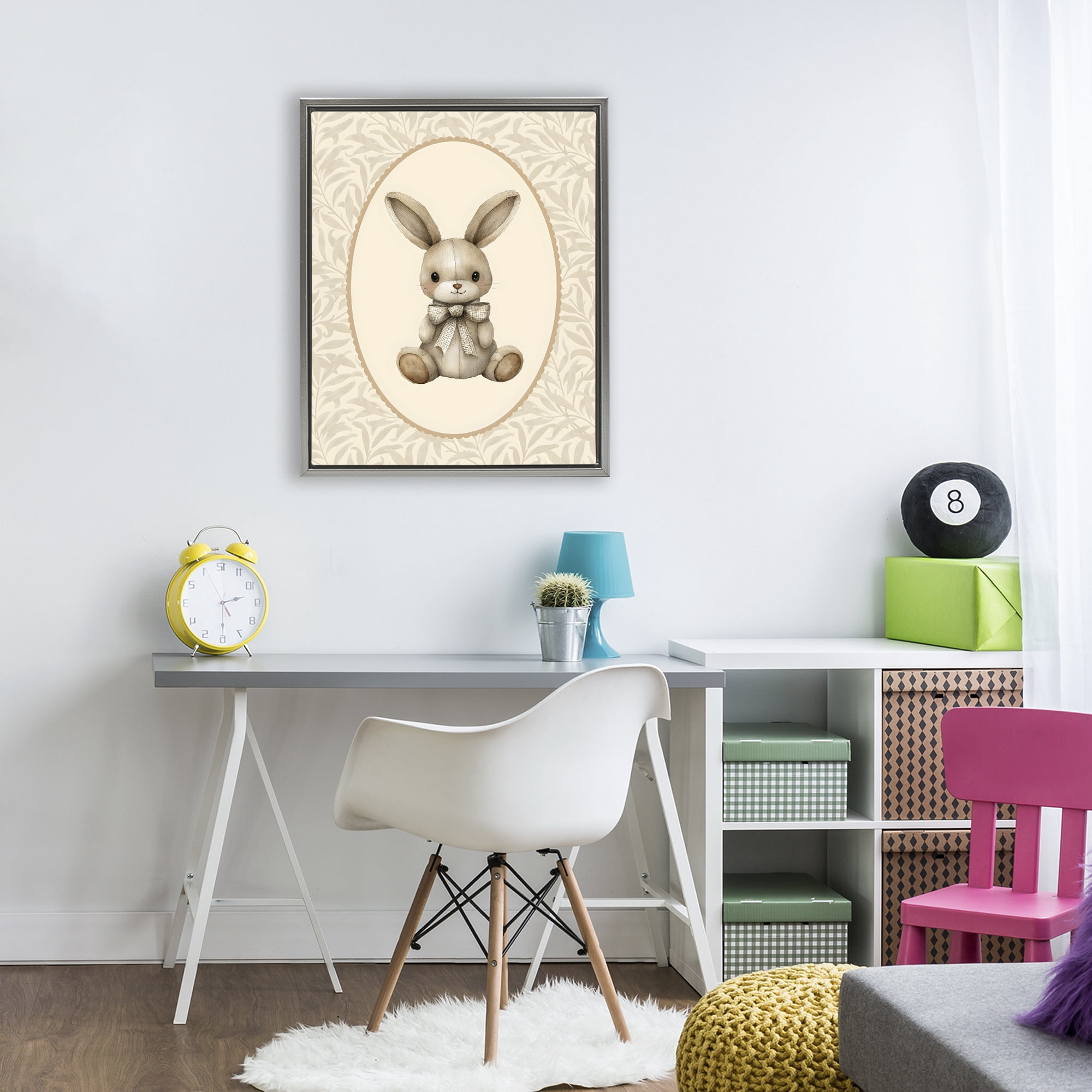 Stupell Industries Neutral Bunny in Oval Border Gray Framed Floater Canvas Wall Art, design by LSR Design Studio