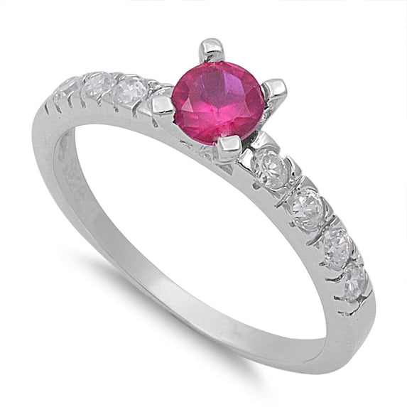 Accented Round Simulated Ruby Center Cubic Zirconia Ring Sterling Silver 925