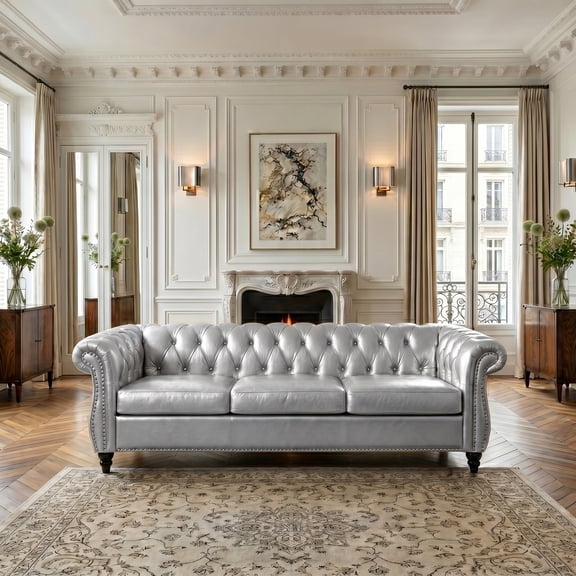 FFZ 85"L Chesterfield Sofa with Rolled Armrests and PU Leather Upholstery, Silver