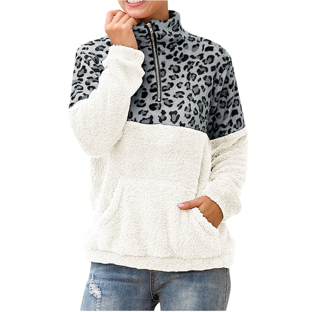 Blusa de sudadera con cremallera de manga larga suelta de moda informal con estampado de leopardo para mujer Fridja fhghd4844