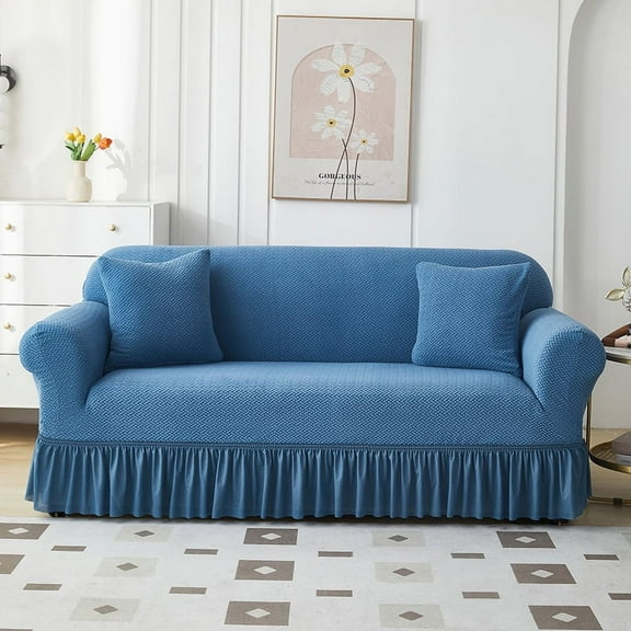 XmhyTop Sofa Cover for Jacquard with hemline sofas Stretch Couch Covers for Living Room Easy Fit Washable Furniture Sofa Protector 3 Seat，74.8-90.55inch (Blue)