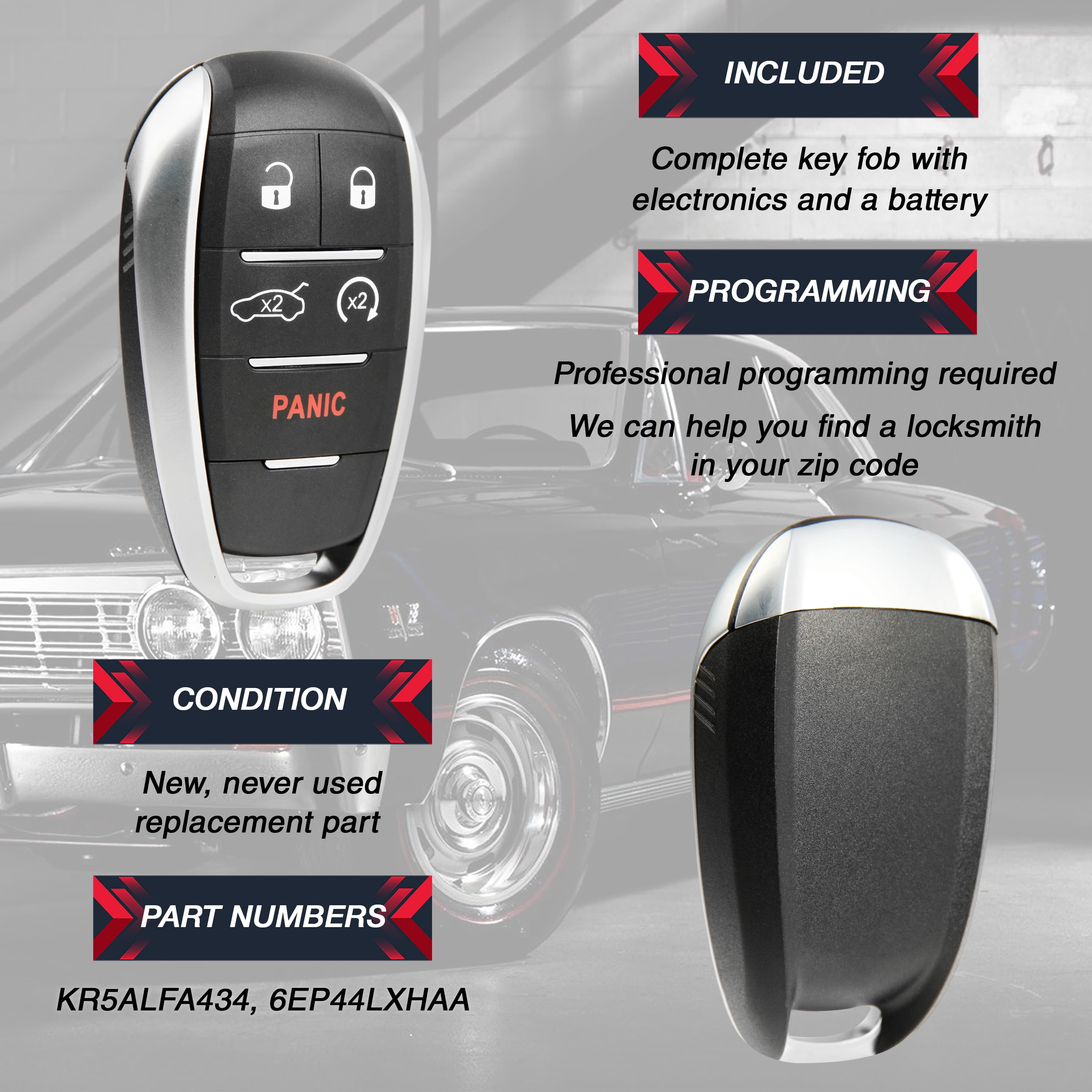 Keyless Entry Remote Key Fob Replacement 5-Button for 2017-2021 Alfa Romeo Giulia Stelvio (KR5ALFA434, 6EP44LXHAA)