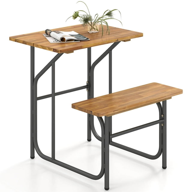 Costway 1 PCS Patio Table Bench Set One-Side Picnic Table & Seat with Acacia Wood Top Metal Legs