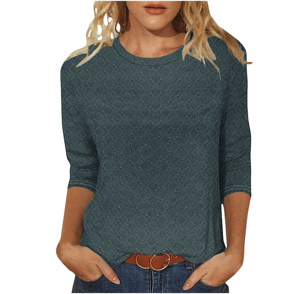 CHGBMOK Women 3/4 Sleeve T Shirt Crew Neck Tunic Textured Jacquard Casual Blouses Loose Pullover Top