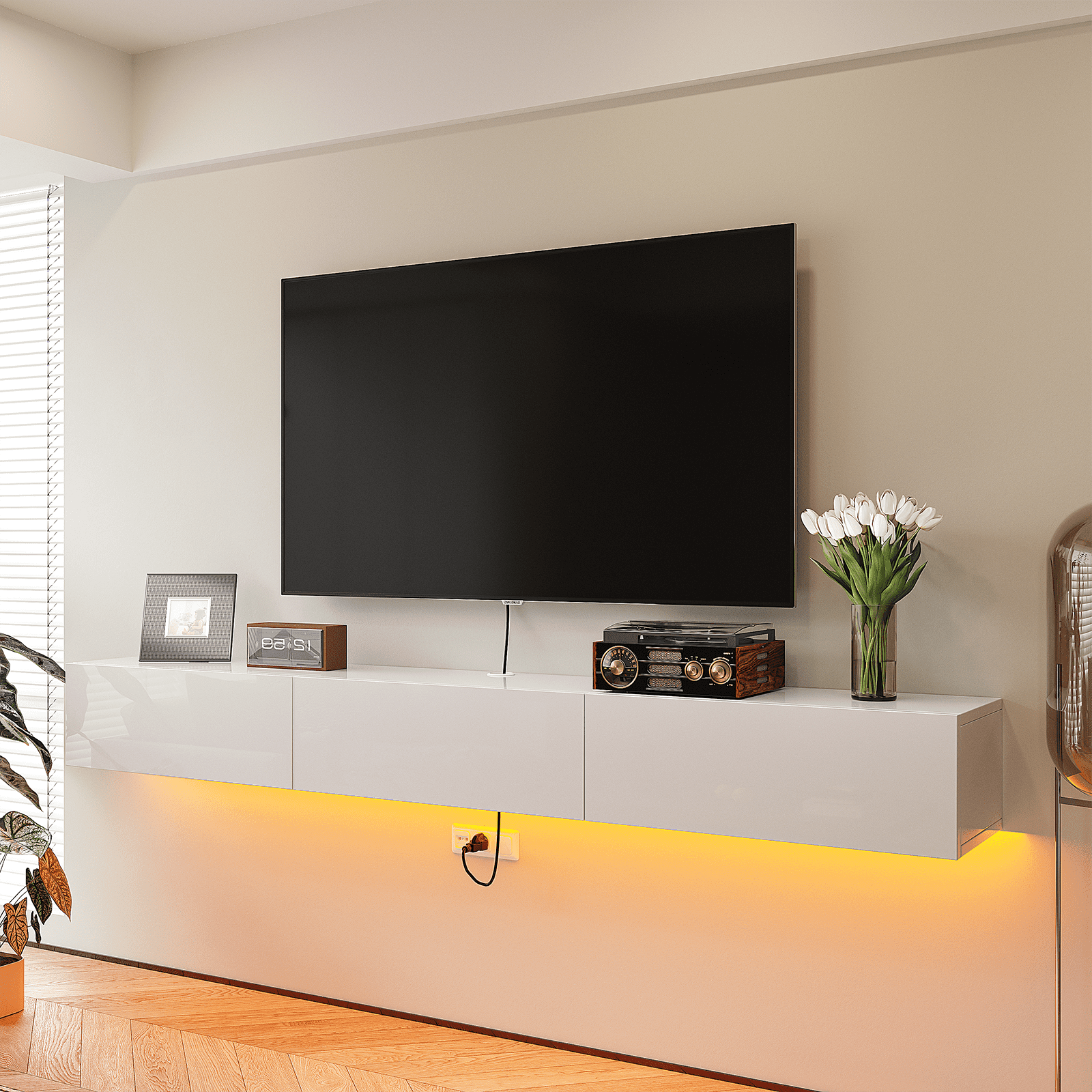 FloatiCasa 55" High Gloss Floating TV Stand Wall-Mounted Floating TV Console with 3 Doors for TVs up to 60"