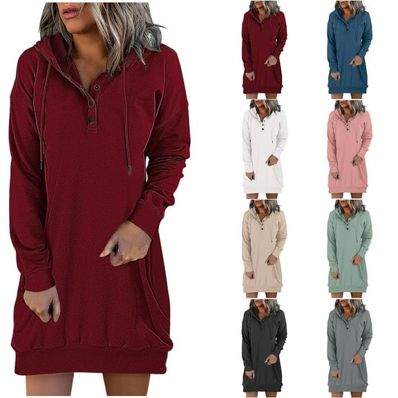 Utoimkio Women's Casual Long Sleeve Hooded Dresses Fall Winter Casual Loose Drawstring Pullover Sweatshirt Hoodie Dress for Women