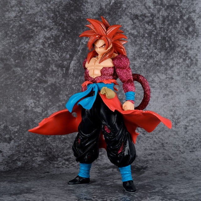 figuras de acción de dragon ball gt super saiyan 4, goku, vegeta, gogeta, ssj4, estatua de pvc, modelo de colección, juguetes de regalo — Vista frontal 3/4 de una figura SSJ4 Goku de aprox. 27 cm; torso descubierto con pelaje rojo en brazos y cola, cabello largo rojo oscuro erizado, pantalones negros sueltos con detalles rojos, faja roja y cinturón azul, botas negras con vendajes azules, sobre fondo gris texturizado de estudio. A menudo se usa como figura de exhibición para coleccionistas.