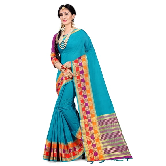 Sarees for Women Cotton Silk Woven Saree l Indian Wedding Gift Sari with Unstitched Blouse (Blue)