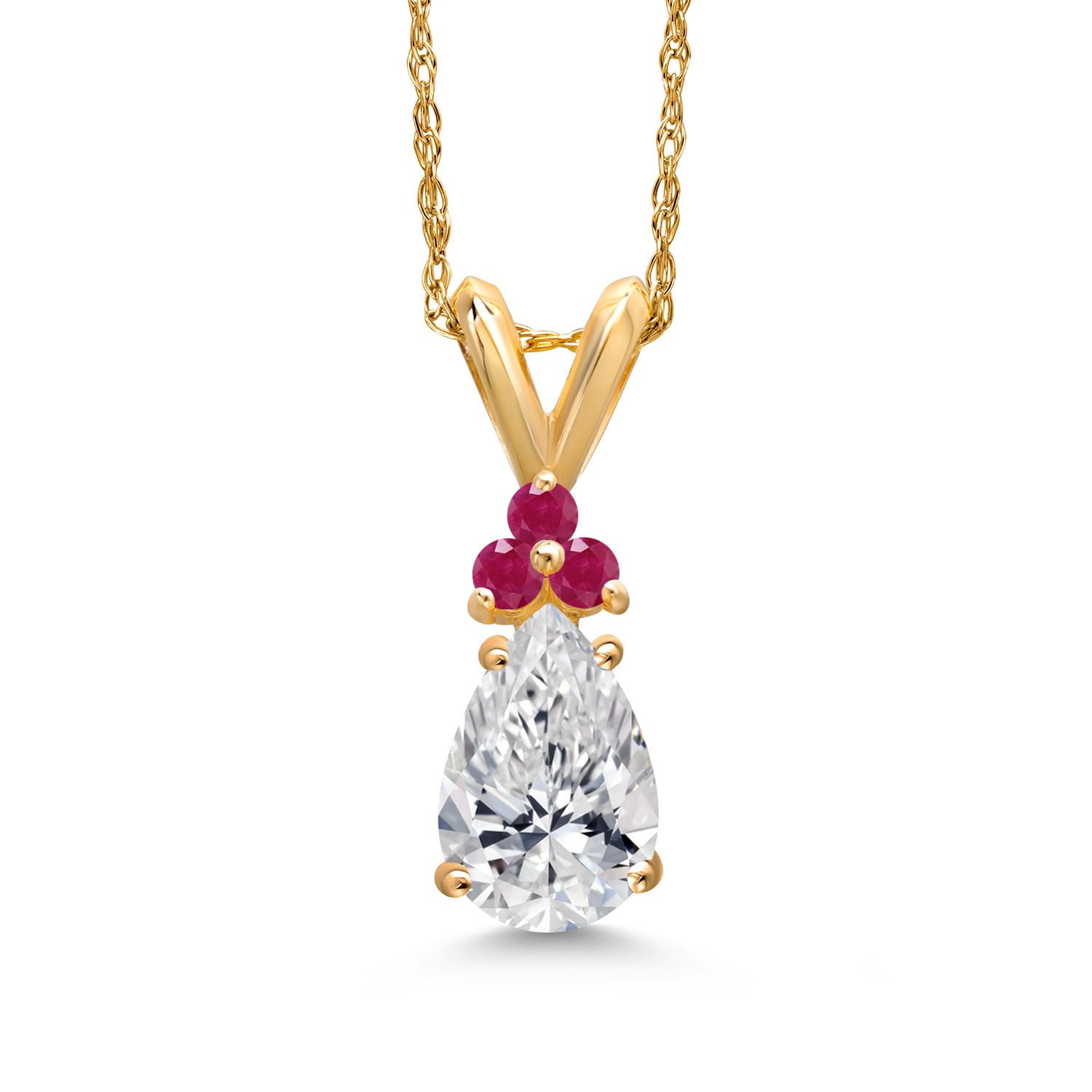 Gem Stone King 14K Yellow Gold DEF Lab Grown Diamond and Red Ruby Pendant Necklace for Women | 0.82 Cttw | Gemstone April Birthstone | Pear Shape 8X5MM | With 18 inch Chain