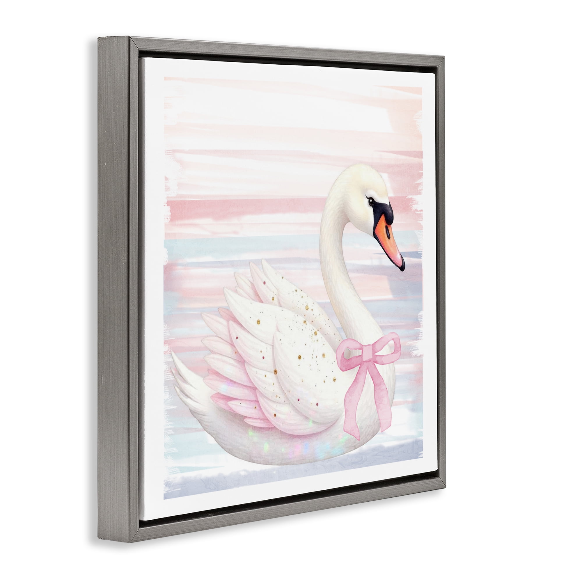 Pink Swan with Ribbon Gray Framed Floater Canvas Wall Art, design by Kim Allen