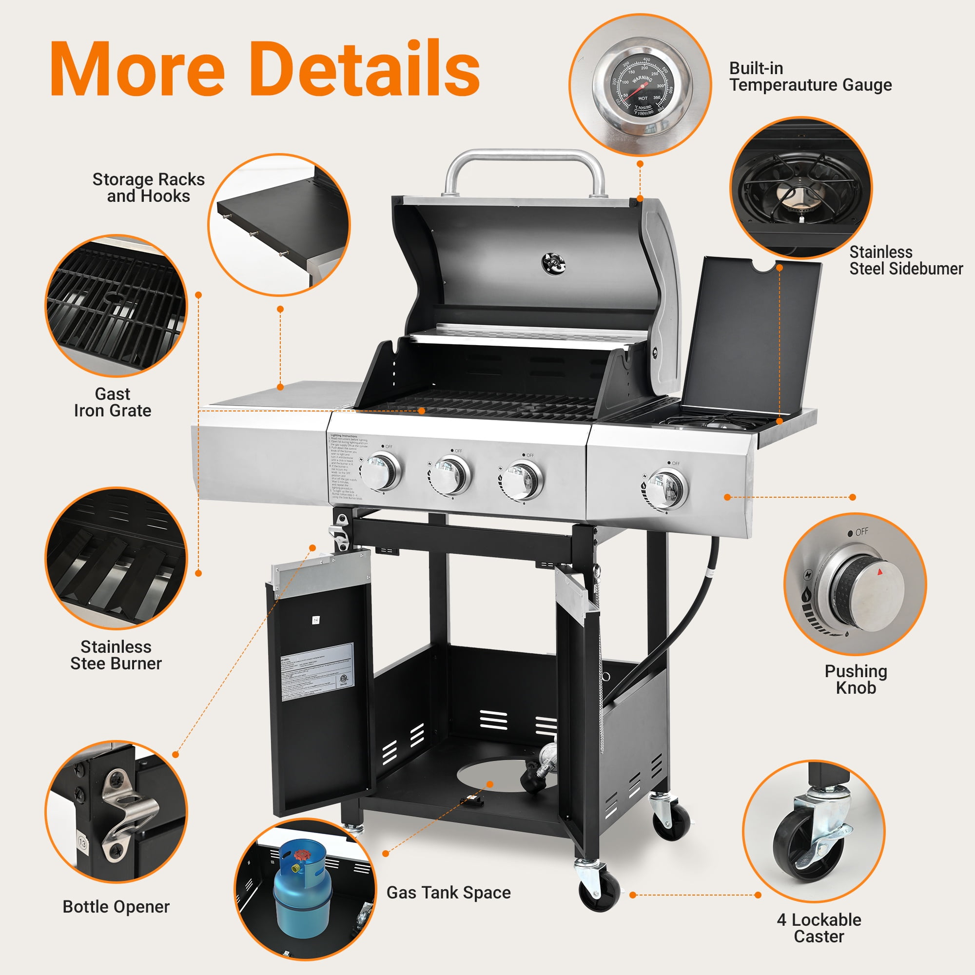Gas Grill w/Side Burner, 40500BTU Propane Grill with Cover, Stainless Steel Outdoor BBQ 2 Cooking Areas, Portable Grill for Camping Patio