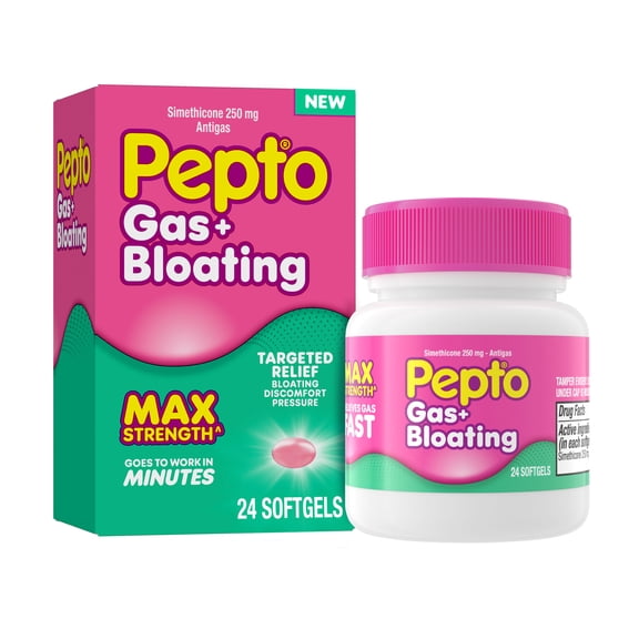 Pepto Gas Bloating, Simethicone 250 mg Softgels, 24 Count, Gas Relief for Adults, Max Strength^