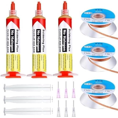 6 Pcs 10ml 8341 No Clean Solder Flux Paste and Wicks Tacky Soldering Flux with Plunger and Dispensing Tip 1.5 Meter Length Solder Wick Braid for Electronics