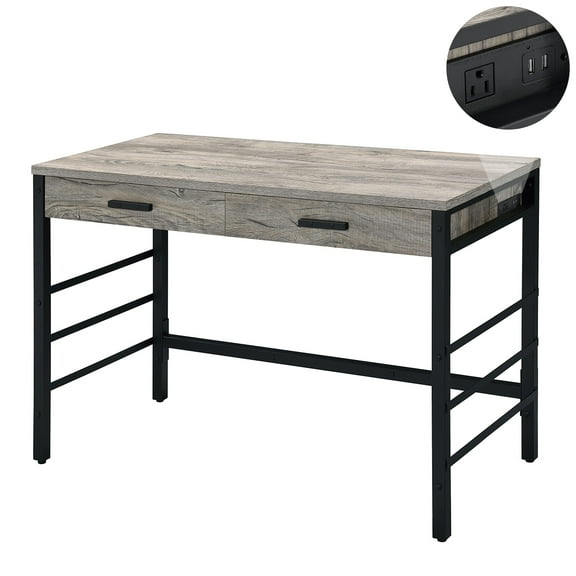 GZXS Modern 42" Computer Desk with 2 Drawers, 2 USB Ports & 1 Charging Outlet, Light Weathered Oak & Black Finish, Industrial Writing Desk Study Workstation for Home Office