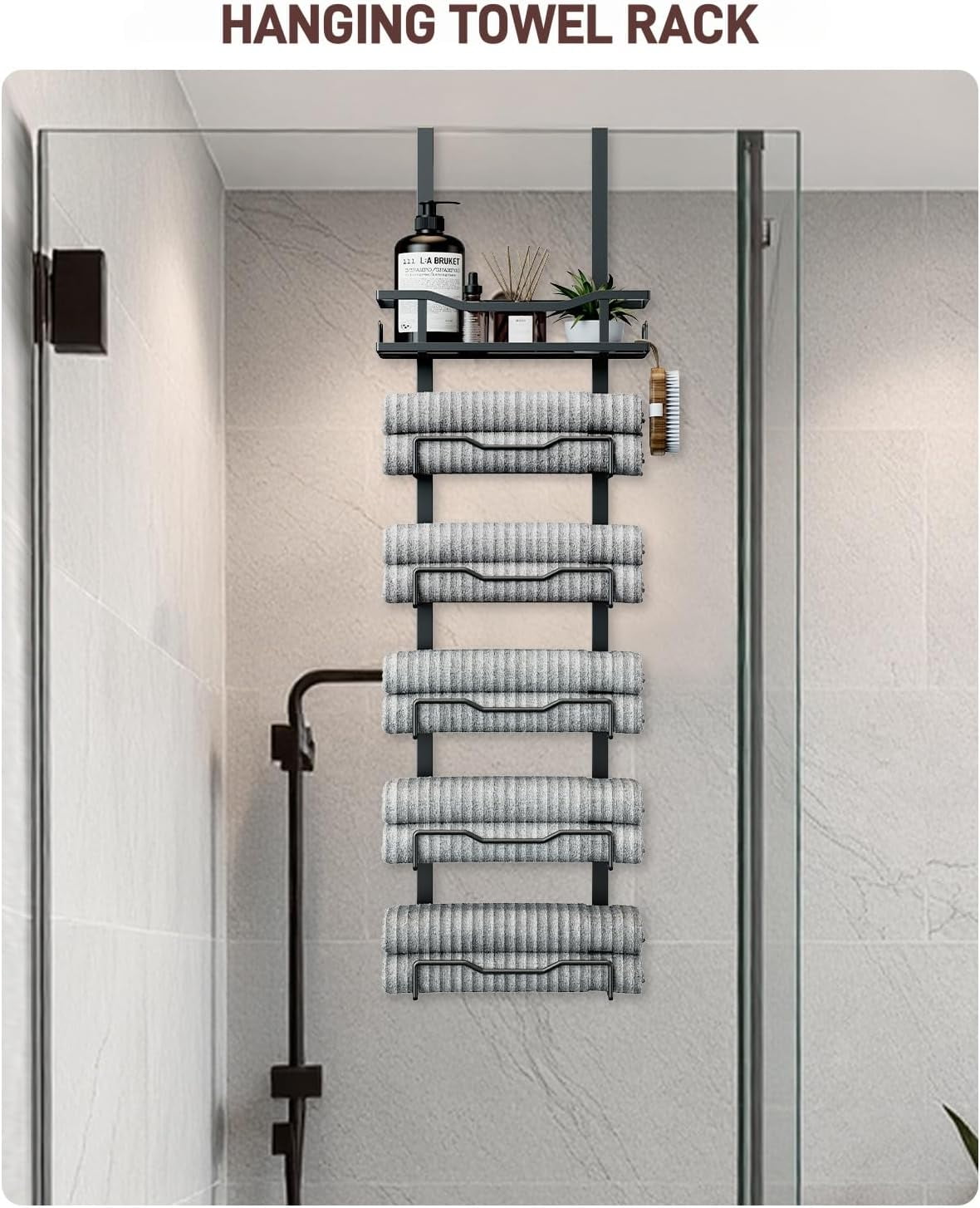 Hanging Towel Racks for Bathroom No Drill - 6-Tier Over The Door Bath Towel Storage Organizer for Small Bathrooms - Tiered Back of Door Towel Holder Hanger for Rolled Towels