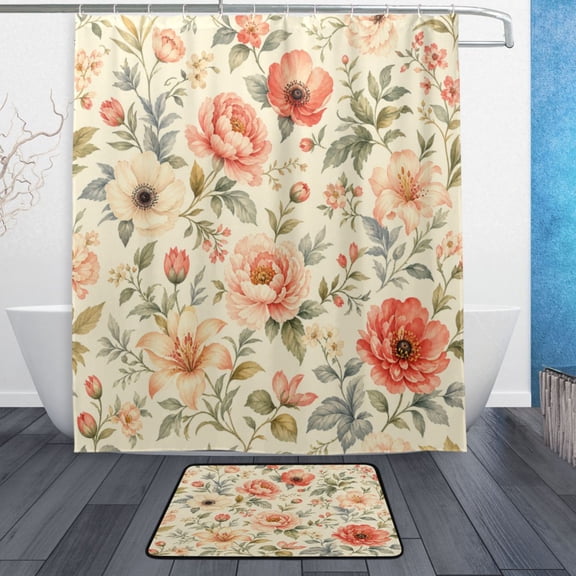 TTYFWHD 60" x 72" Shower Curtain and Bath Mat Set Beige Vintage Floral Pattern Waterproof Bathroom Curtain with 12 Hooks, Bathroom Decor Set