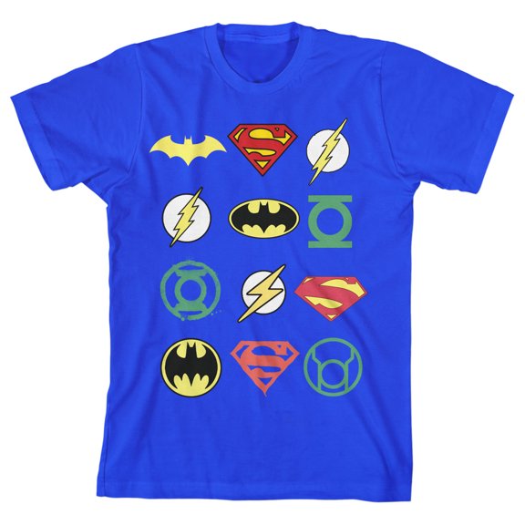Justice League Superhero Logos Boy's Royal Blue T-shirt-Large
