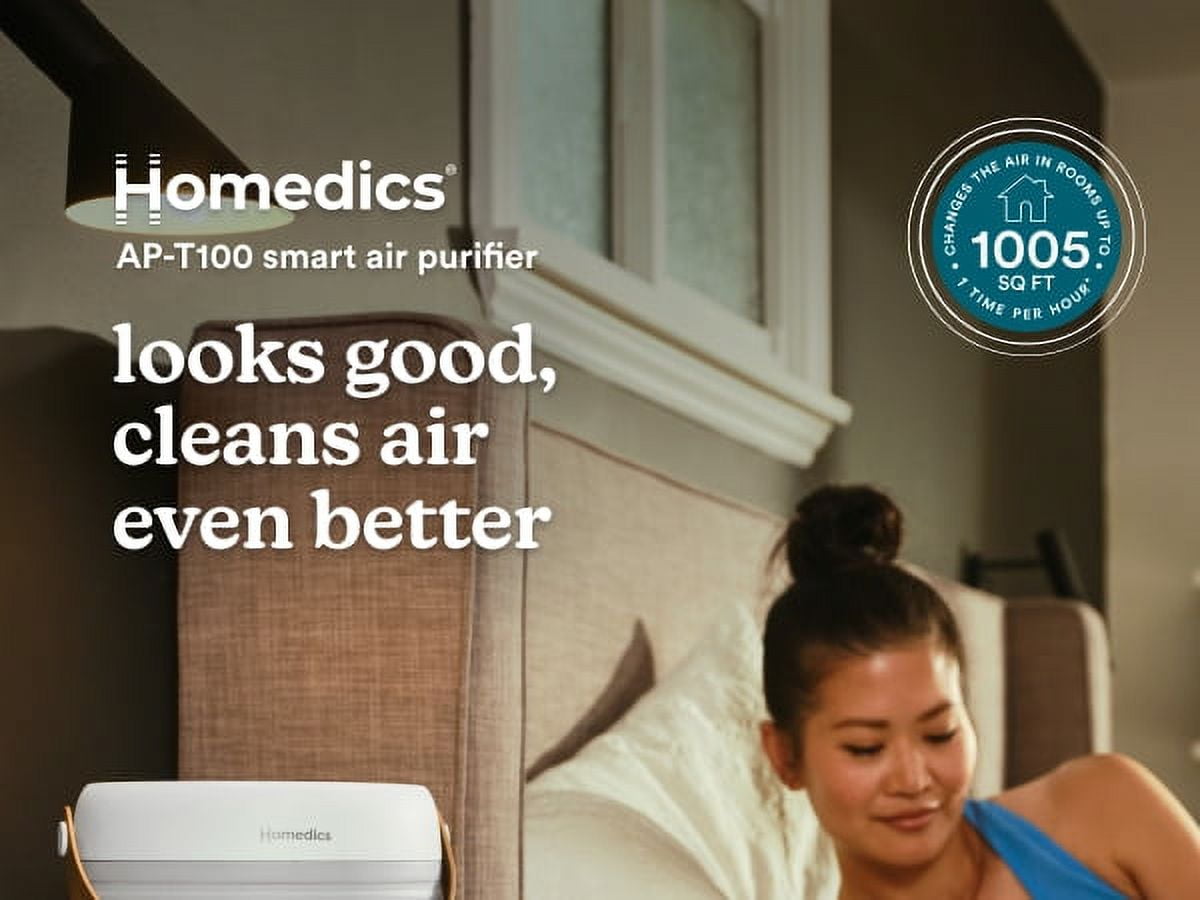 Homedics Wi-Fi Enabled Smart Air Purifier, 1005 Sq. Ft of Coverage/Hour. True HEPA Filtration, Activated Carbon Filter, Pre-filter, Reduces Bacteria, Virus, Mold, Odors, Medium Rooms, AP-T100GY-WMT