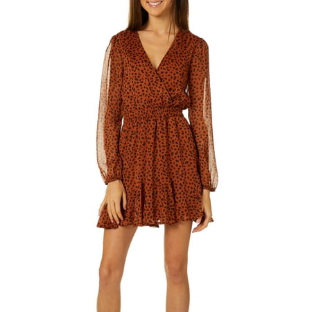 Trixxi Juniors Leopard Print V-Neck Long Sleeve Dress