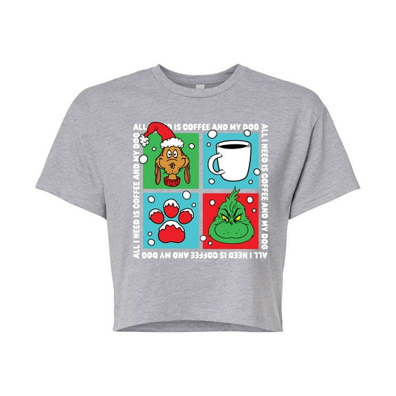 The Grinch - Grinch Coffee And Dog Grid - Juniors Cropped Cotton Blend T-Shirt