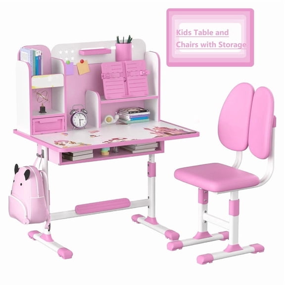 Children School Drawing Table Chair Set, Height Adjustable Kids Table with Storage Drawers Reading Bookshelf Metal Hook Ergonomic Desk with Chair for Kids Pink