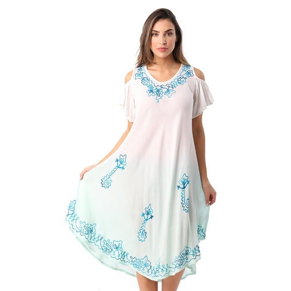 Riviera Sun Womens Cold Shoulder Ombre Tie-Dye Sundress Lightweight Casual Beach Dress & Swimsuit Cover-Up (Mint /White, X-Large)
