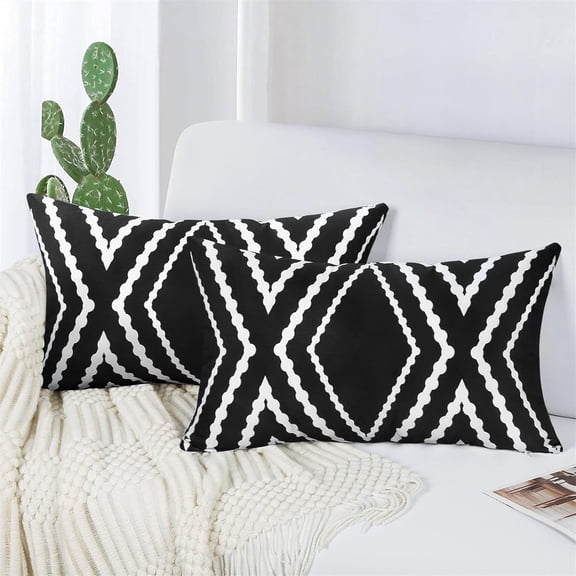 2-Pack Outdoor Waterproof Throw Pillow Cover, 12x20 Inch Linen Boho Geometric Decorative Cushion Cover for Patio/Balcony, Water Resistant Pillow Case [Black with White Stripe]