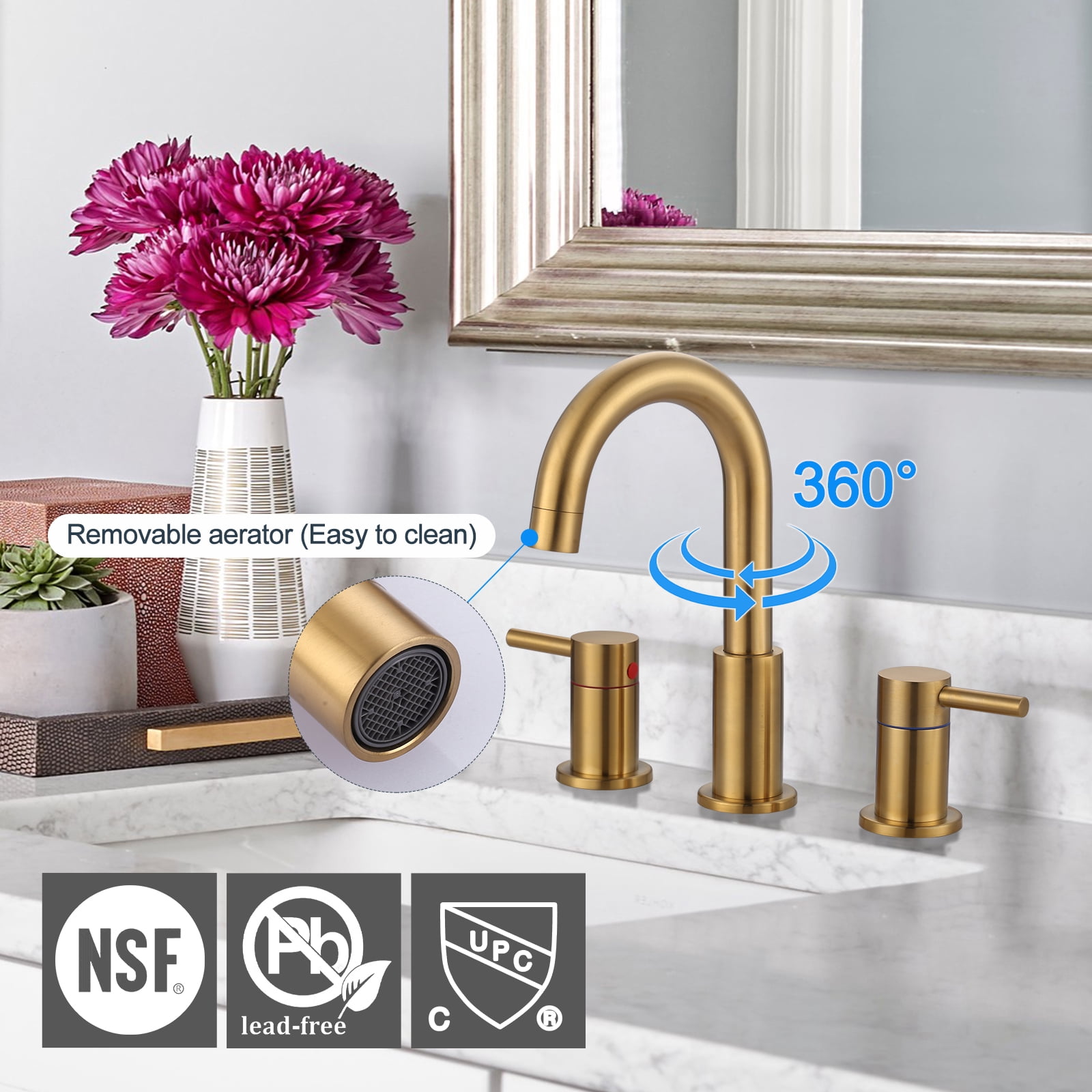 Wowow 2-Handle 6" and 8" Widespread Gold Lavatory Faucet with Supply Hoses & Drain Assembly
