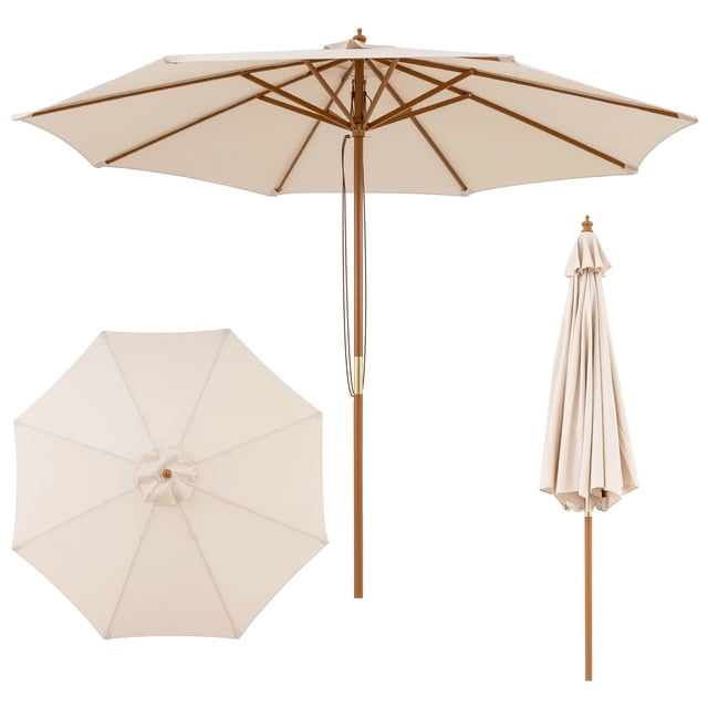 Gymax Parasol de Patio 9 Pi avec Hauteur Réglable, Corde, Poulie, Élévateur, Toit Ventilé, 8 Nervures Robustes, Beige
