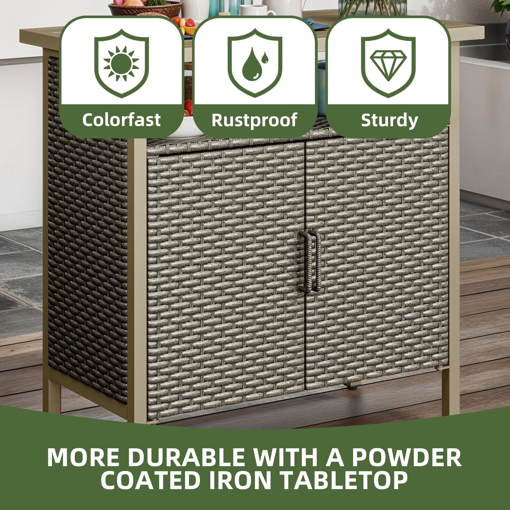 Uforic Patio Wicker Bar Table, Outdoor Wicker Storage Cabinet, Bar Counter Table, Deck Box - Brown