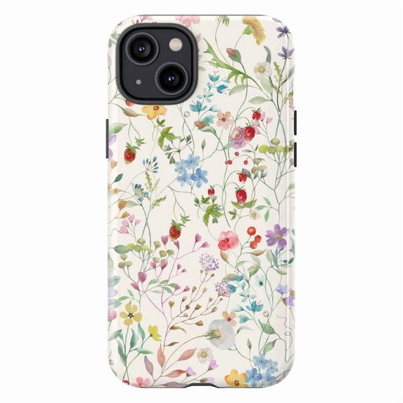 Watercolor Floral Phone Case, Wildflower Botanical Strawberry Pattern Aesthetic Design for iPhone 17 16 15 14 13 12 11 Pro Plus Mini