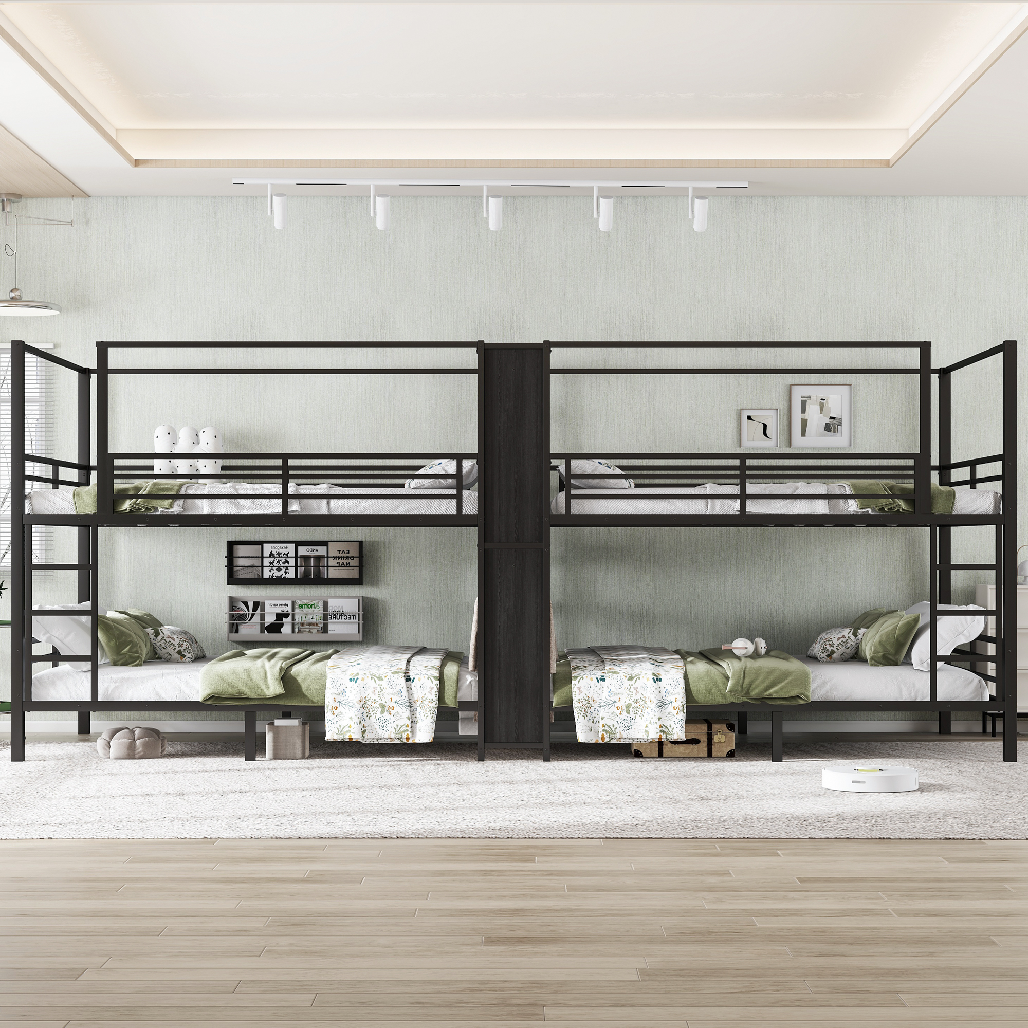 Queen Size Quadruple Metal Bunk Bed,Quadruple Bunk Bed with Built-in Storage Shelves & Wardrobe,Noise-reduced Design,Black