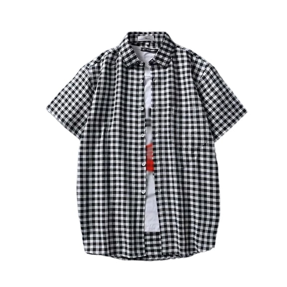 XIAONU Mens Gingham Short Sleeve Shirt Button Down Casual Breathable Cotton Loose Summer Daily Wear Blouse