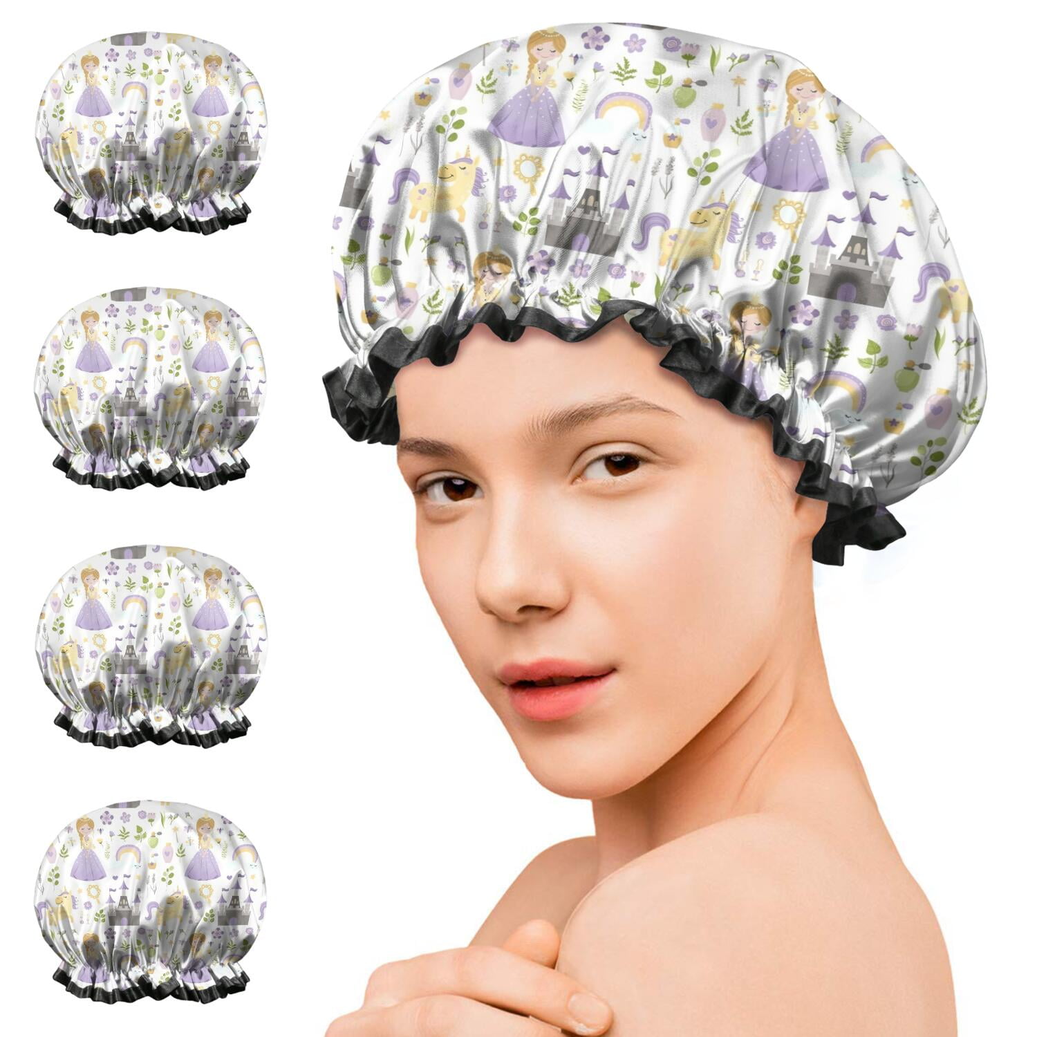 Shower Caps,Princess Unicorn Pattern Waterproof Shower Cap for Women 4 Pieces,Double Reusable Hair Cover for Shower PEVA Elastic Stretch Hem
