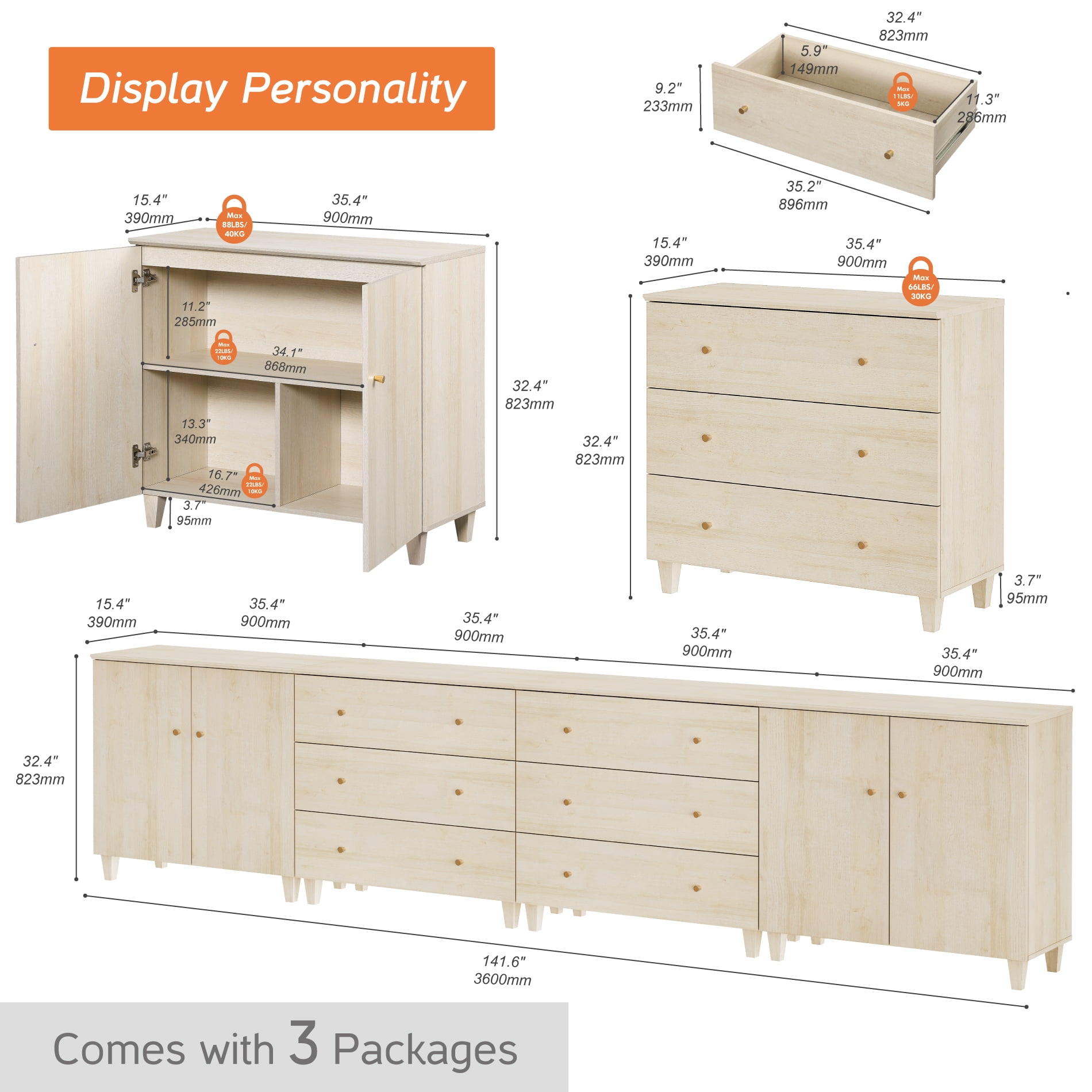 WAMPAT Extra Long Modern TV Stand for 120+ Inches TVs, 3-in-1 Large Wooden Media Console with 6 Spacious Drawers and 2 Storage Cabinets for Living Room, Light Oak