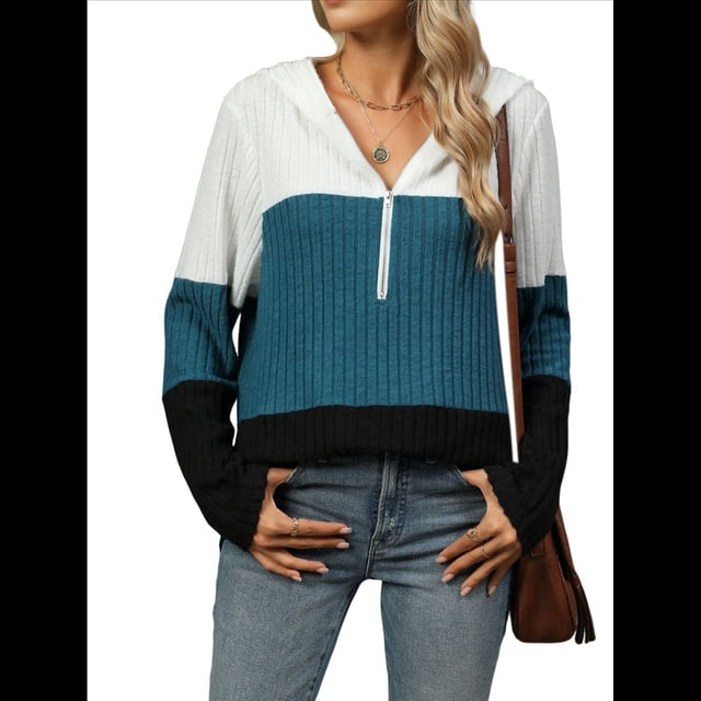 Suéter con Capucha y Media Cremallera para Mujer, Talla Grande, Color Block, Punto Acanalado, Cuello en V, Larga Azul XXL