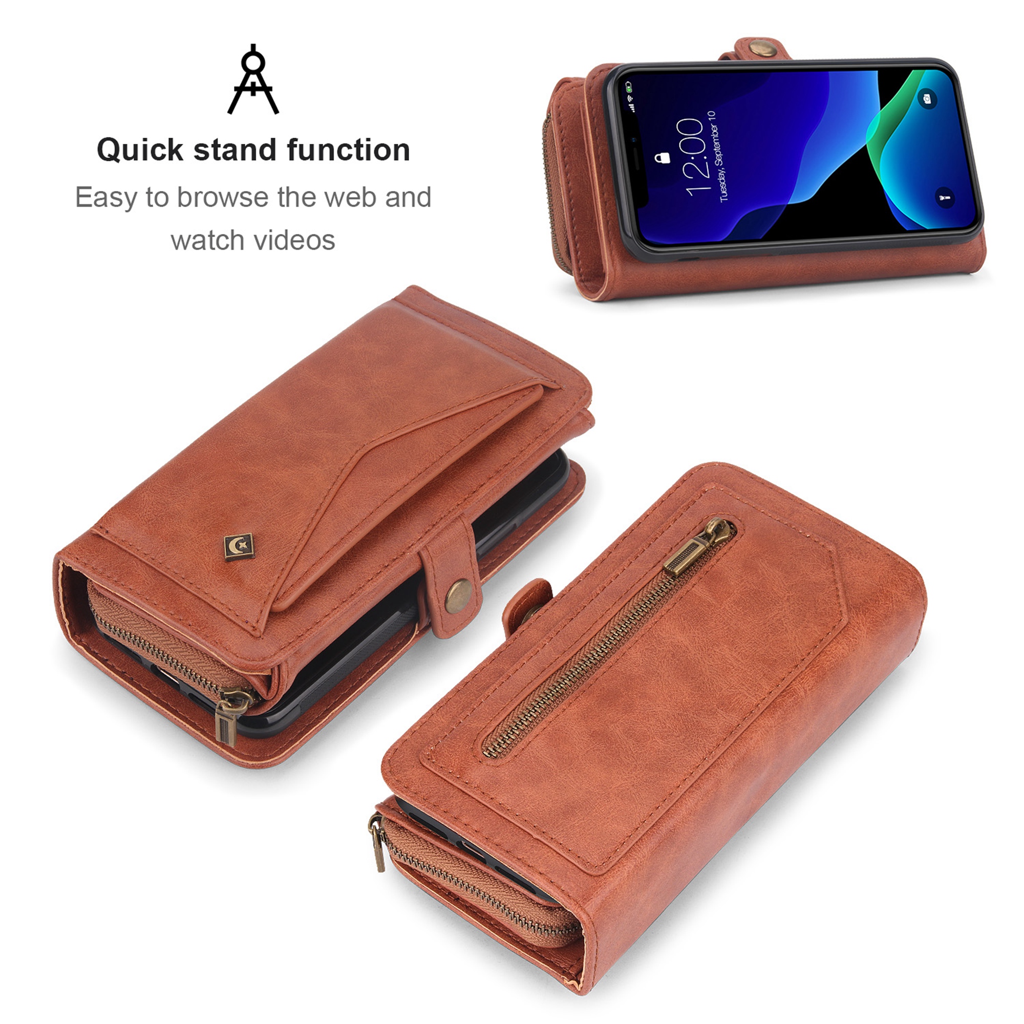 iPhone 11Pro 5.8 inch Wallet Case, Dteck 2 in 1 Leather Zipper Purse Multi-Function Tri-fold Wallet Case Detachable Magnetic Phone Cover with 14 Card Slots Money Pocket For iPhone 11 Pro,Brown - image 4 of 11