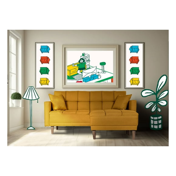 Sala Modular Sofá Cama Reversible de Lino Makora Mostaza Modelo Mykolo