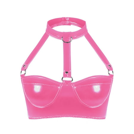 UKLSQMA Ladies  Solid Color PVC Patent Leather Sexy Bras Provocative Lingerie for Women Edgy Fashion Bras Pink 3XL