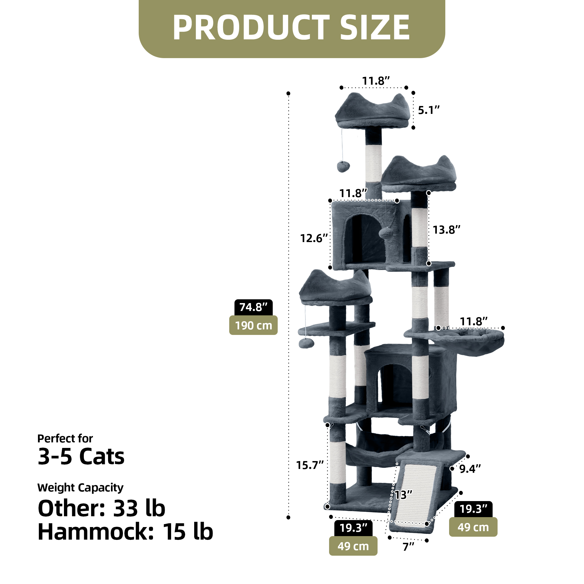 Uforic Large Cat Tree, Multi-Level Tower Condos with Scratch Posts, Cozy Basket Hammocks, Top Perches, Sisal Ramp, Pet Play House, 75in