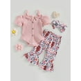 thumbnail image 3 of Musuos Baby Girls Summer Jumpsuits Set 6 12 18 24M 3T Button Short Sleeves Romper and Cow Head Flower Print Elastic Flare Pants Headband, 3 of 10