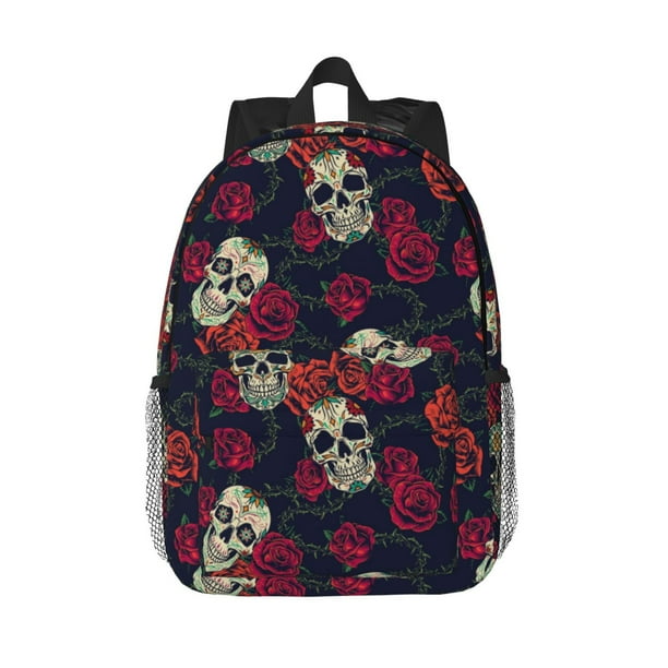 Disketp Roses Skulls Mochila Escolar de 15 Pulgadas, Mochila Ligera para Estudiantes, Viajes y Trabajo, Cómoda y Resistente para el Uso Diario
