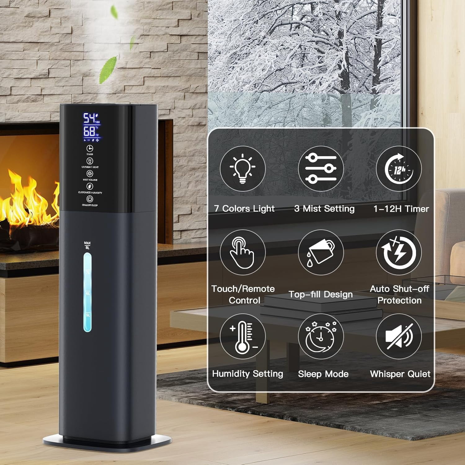 Humidifiers Large Room Bedroom with 7 Colors Light, 2.1Gal(8L) 3 Speed Quiet Ultrasonic Cool Mist Humidifier with 360° Nozzle, Humidity Setting, Timer,Aroma Box for Home Plant Baby Yoga Sleep (Black)