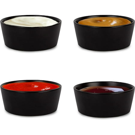 Farmhouse Decor Porcelain Dipping Bowls Sauce Dishes - Set of 4 Elegant Matte Black Soy Sause Dish (2 Oz Round Shape)