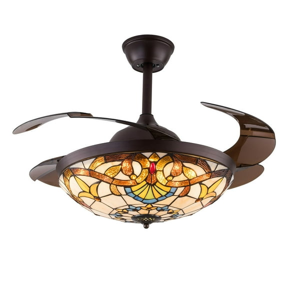 Miumaeov 42 Inch Retractable Ceiling Light Tiffany Invisible Fan Chandelier 3 Color Changes 3 Speed Settings w/ Remote