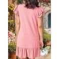 thumbnail image 4 of Women Summer Dresses Ruffle Short Sleeve Smocked V Neck Casual Loose A-Line Swing Mini Dress Sundress Pink L, 4 of 7