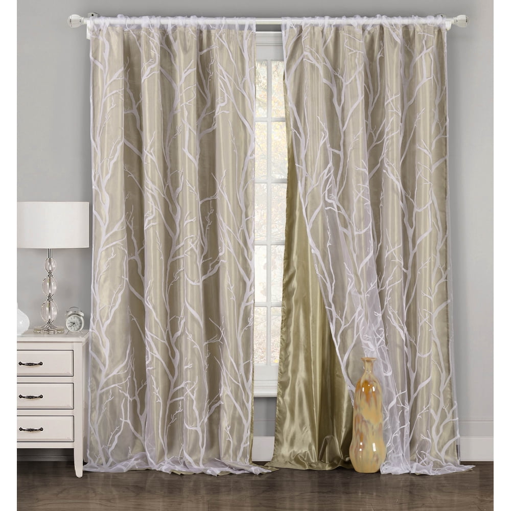 One Piece (1) Taupe and White Window Curtain Panel Tree