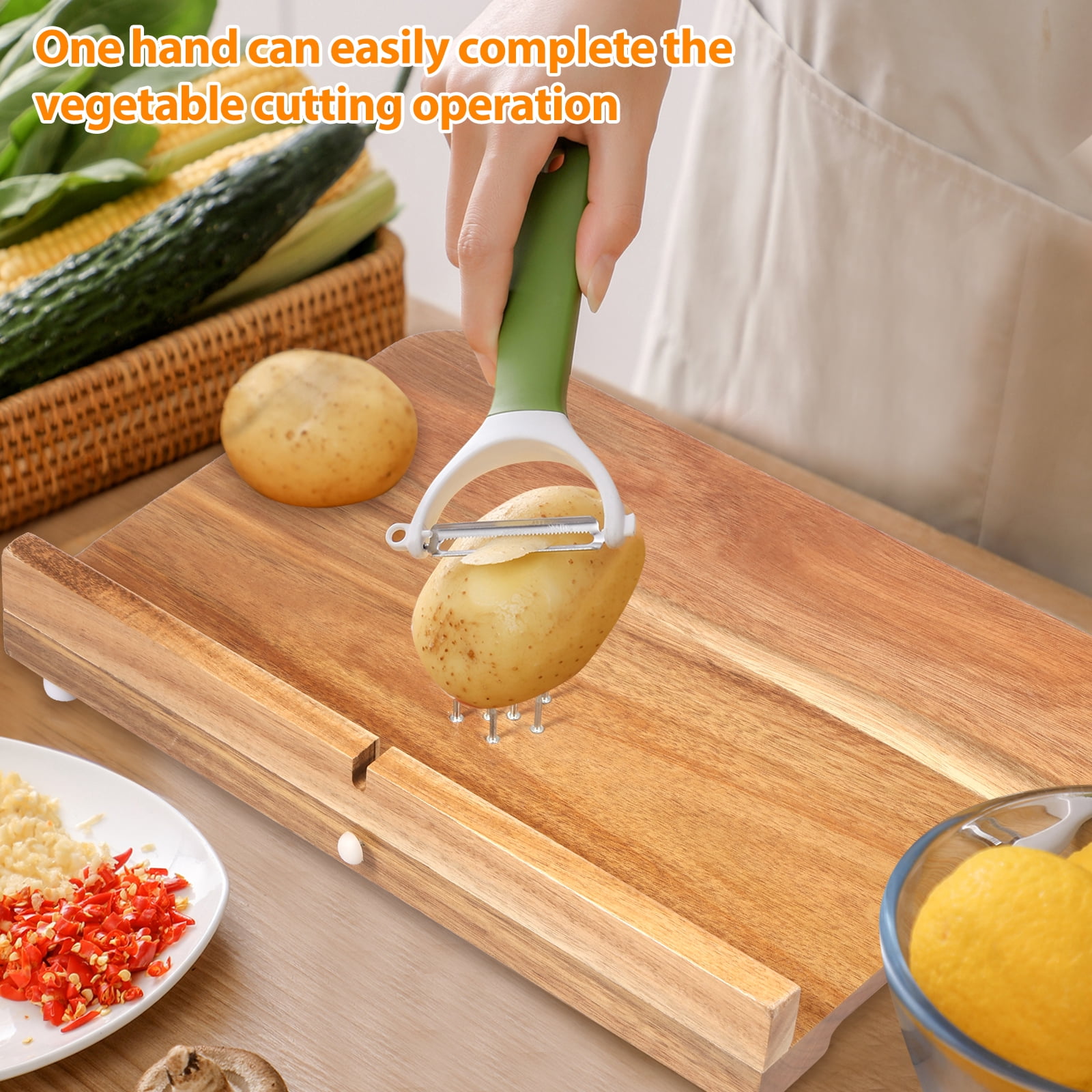 LINFANG Wooden Adaptive Cutting Board With Spike Smooth Surface Handicapped Kitchen Board With Anti Slip Bottom for Vegetable Fruit Meat
