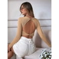 thumbnail image 6 of Women'S Backless Long Sleeve Ribbed Knit Crop Top Slim Fit Crew Neck Twist Back Cut Out Fitted Shirt Khaki L, 6 of 8